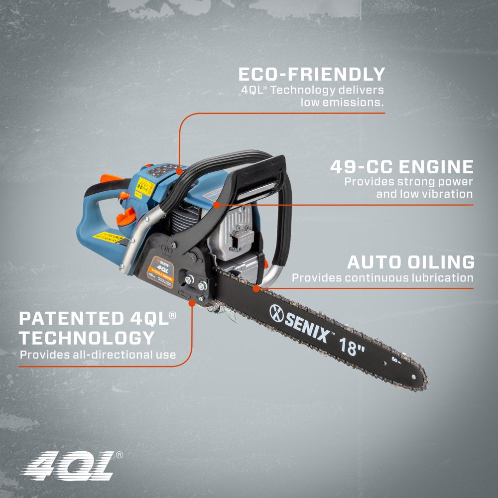 SENIX 18-Inch 49 Cc 4-Cycle Gas Powered Chainsaw, Oregon Bar and Chain, CS4QL-L1