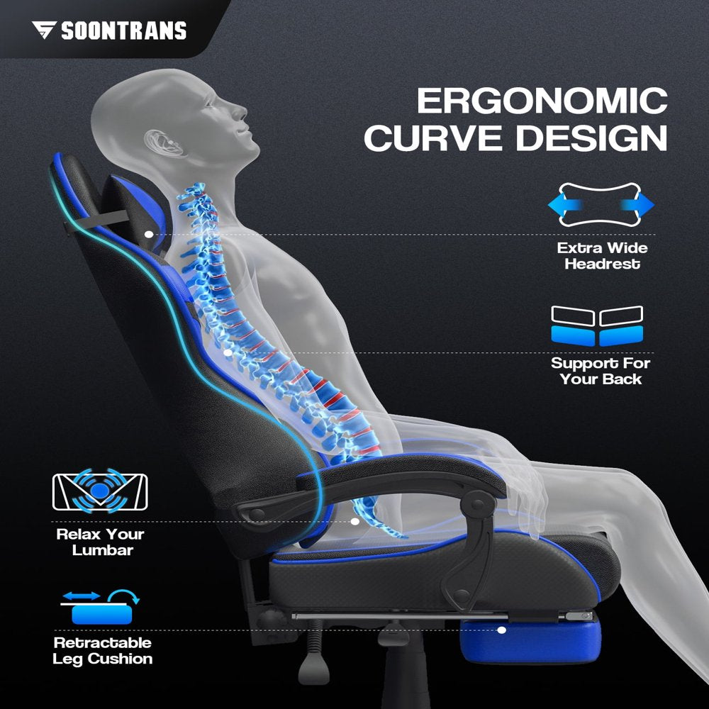 Soontrans Gaming Chair with Footrest, Ergonomic Office Chair High Back with Headrest & Massage Lumbar Support, Swivel Leather Chairs, Blue