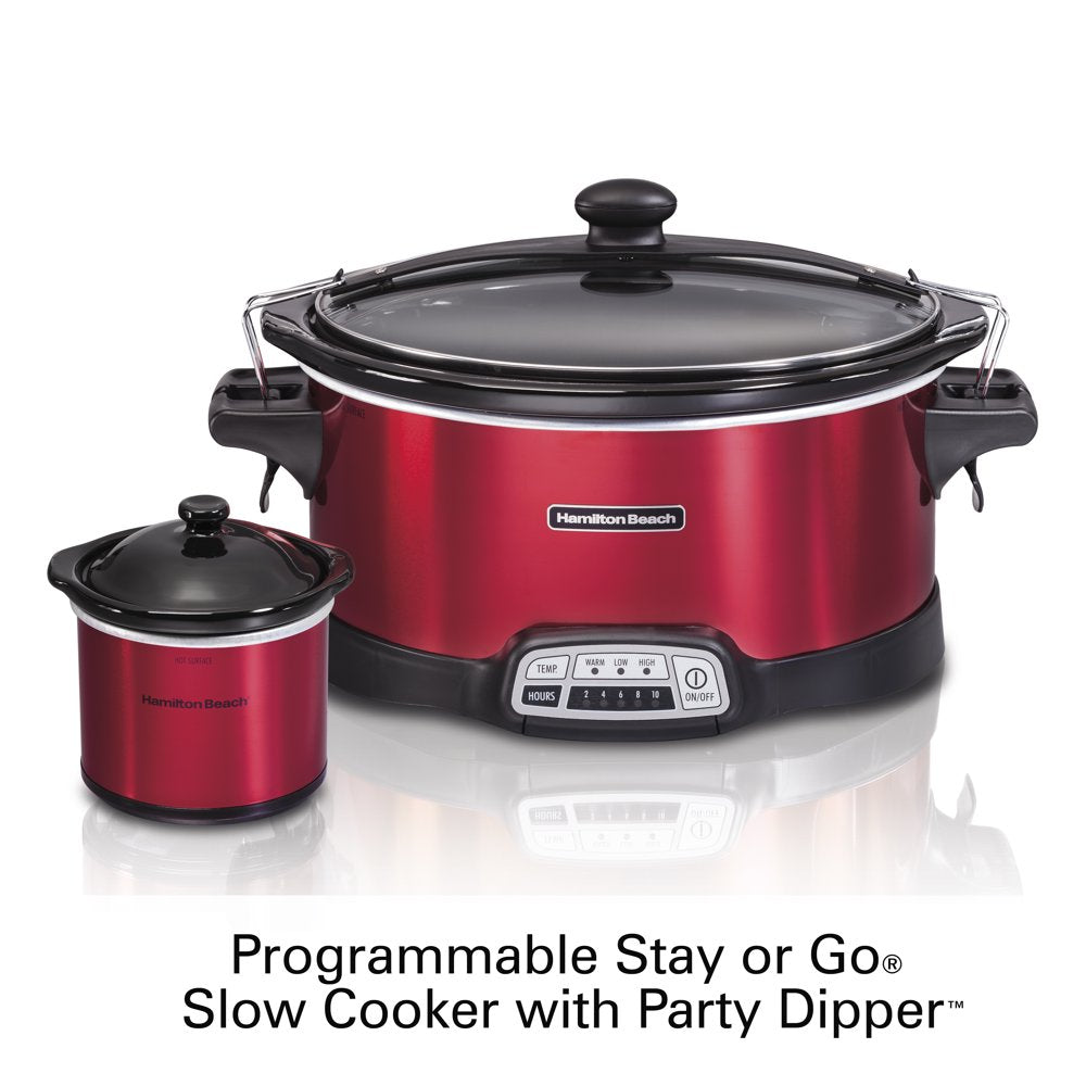 Hamilton Beach Stay or Go Programmable Slow Cooker with Party Dipper, 7 Quart Capacity,Removable Crock, Red, 33478