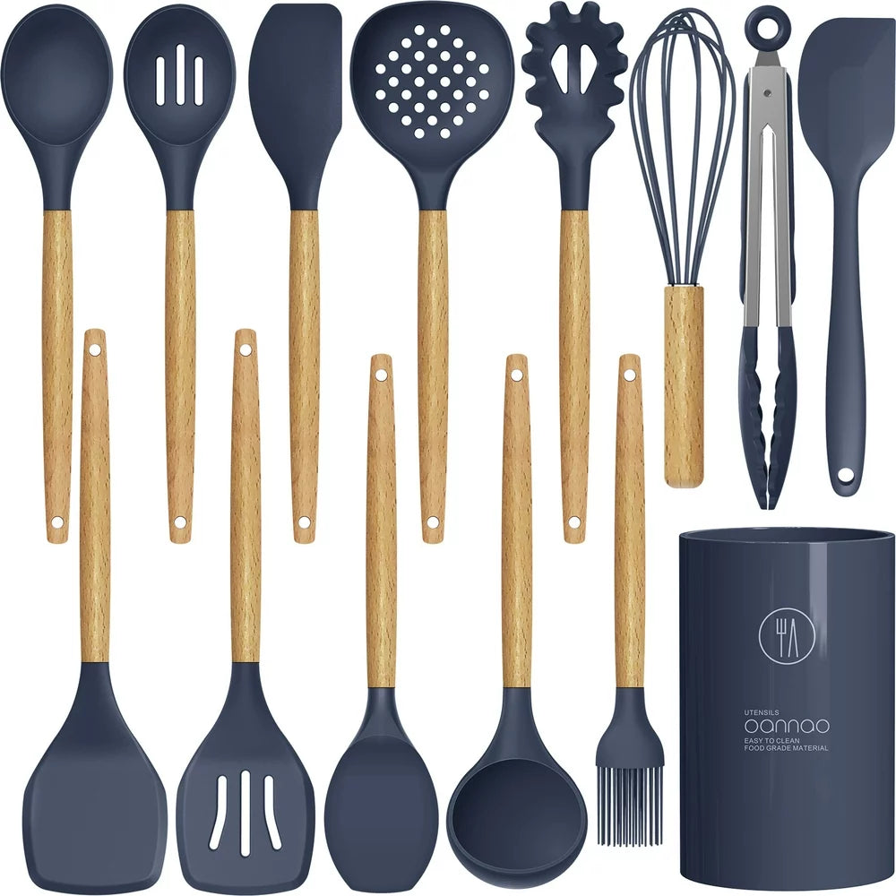 Silicone Cooking Utensils Set - 446°F Heat Resistant Silicone Kitchen Utensils for Cooking,Kitchen Utensil Spatula Set W Wooden Handles and Holder, BPA FREE Gadgets for Non-Stick Cookware (Navy Blue)