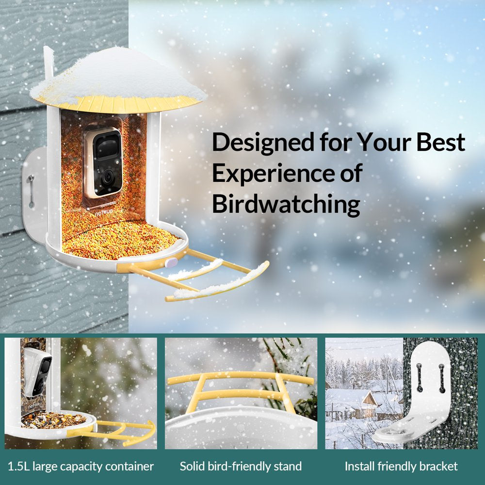 Bird Feeder with Camera, Outdoor Smart Cameras with Solar Netvue Birdfy Lite for Bird Watching, Yellow