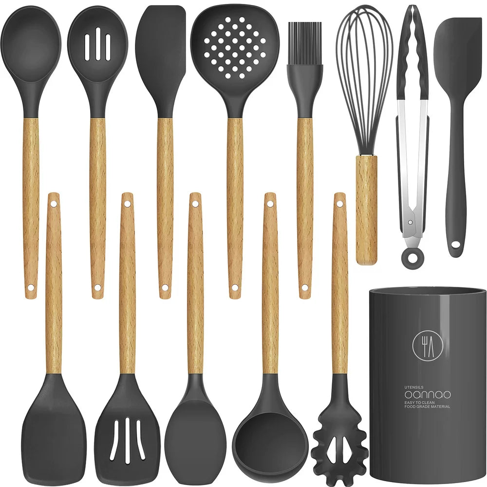 Oannao Silicone Cooking Utensils Set - 446°F Heat Resistant Silicone Kitchen Utensils for Cooking,Kitchen Utensil Spatula Set W Wooden Handles,Holder, BPA FREE Gadgets for Non-Stick Cookware (Grey)