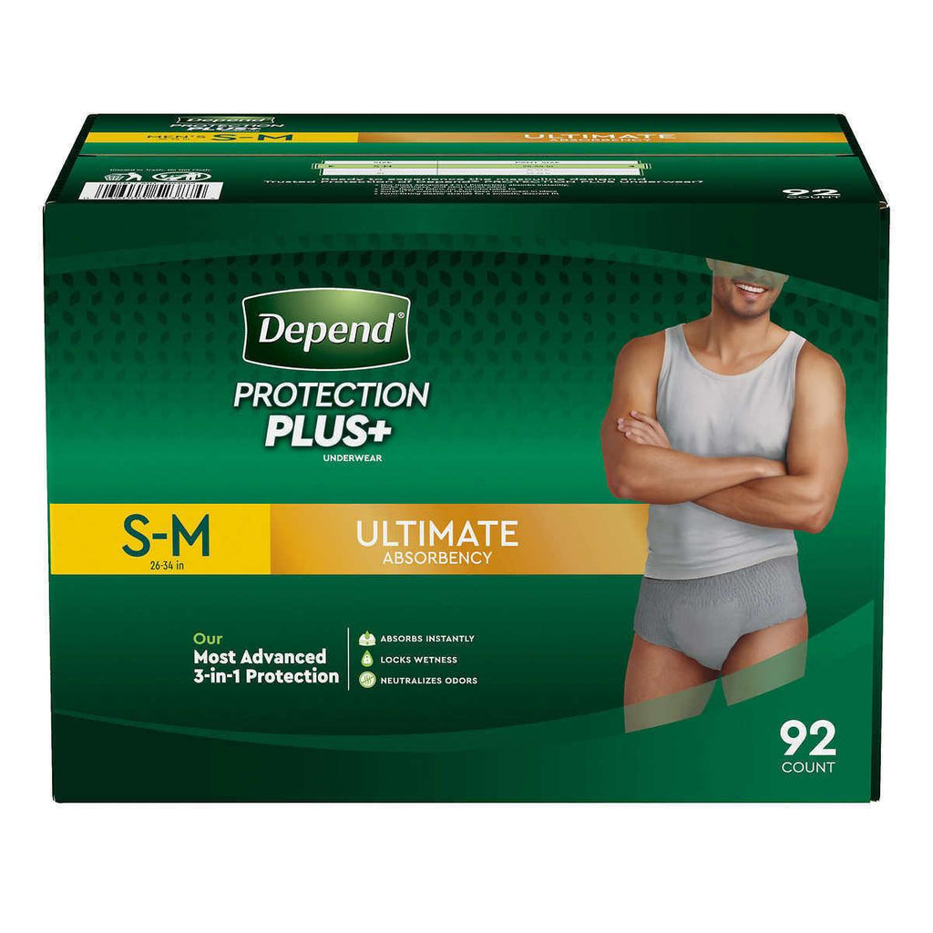 Men Small/ Med Depends Protection plus Ultimate Underwear 92 Ct 26 -34 Waist