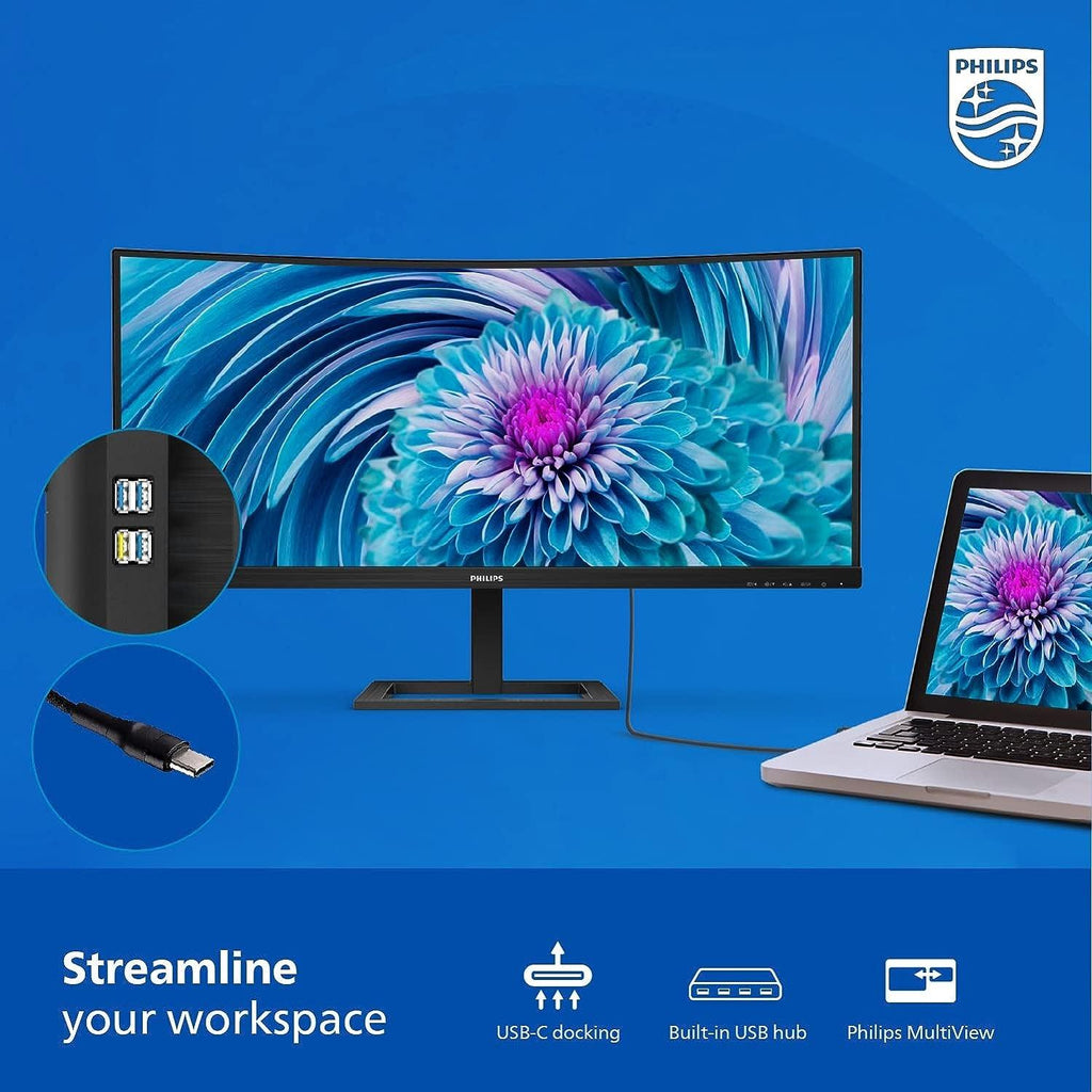 PHILIPS 34E1C5600HE 34" Ultrawide QHD 21:9 Monitor with Built-In Windows Hello Webcam & Noise Canceling Mic, USB-C Docking, Stereo Speakers, 100Hz, 4-Year Advance Replacement