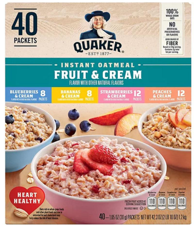 Quaker Instant Oatmeal Fruit & Cream, Variety Pack, 40-Count 42.3 Oz